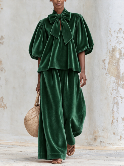 Rosalia — completo verde bosco con fiocco e pantaloni ampi