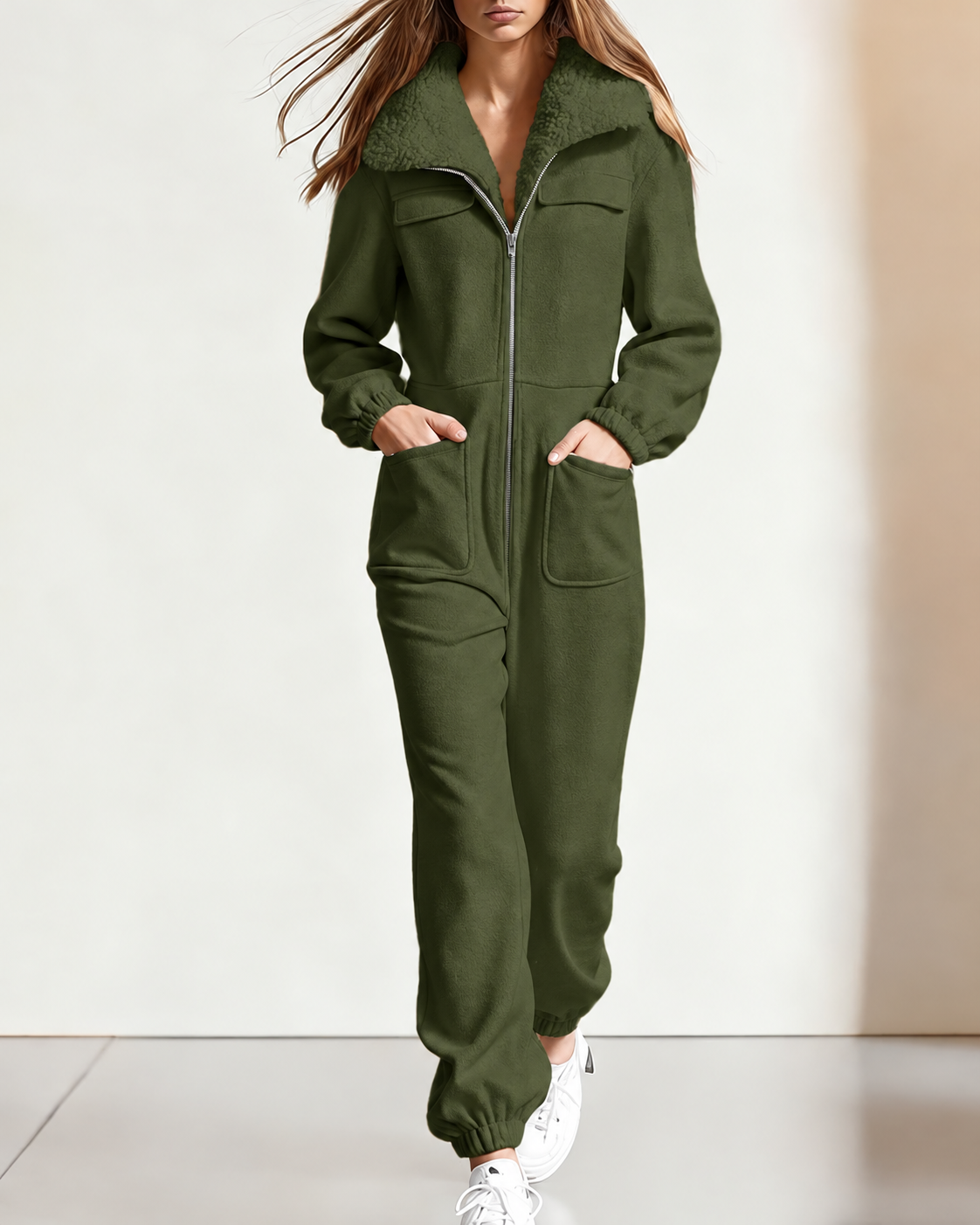 Tuta intera con collo effetto teddy e zip — Verde (simulazione colore)