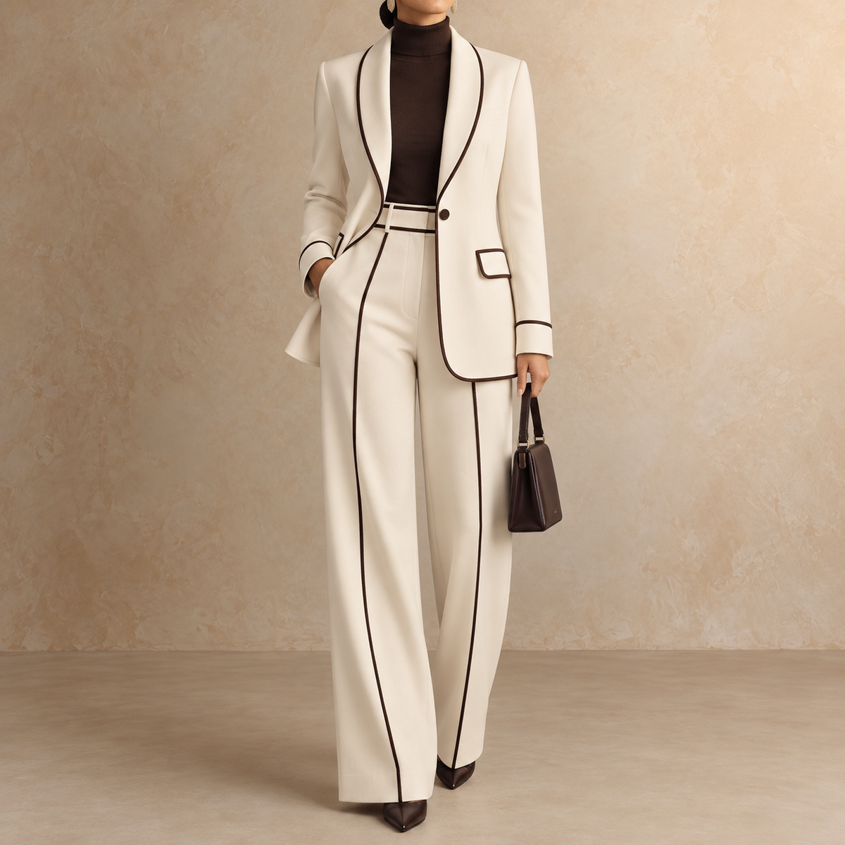 Clementina Scialle avorio con profili cioccolato: blazer a collo sciallato e pantalone ampio.