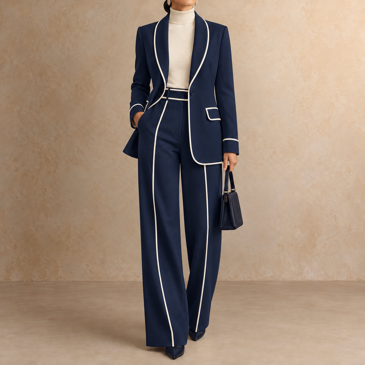 Clementina Scialle blu notte con profili avorio, blazer a un bottone e pantalone ampio.