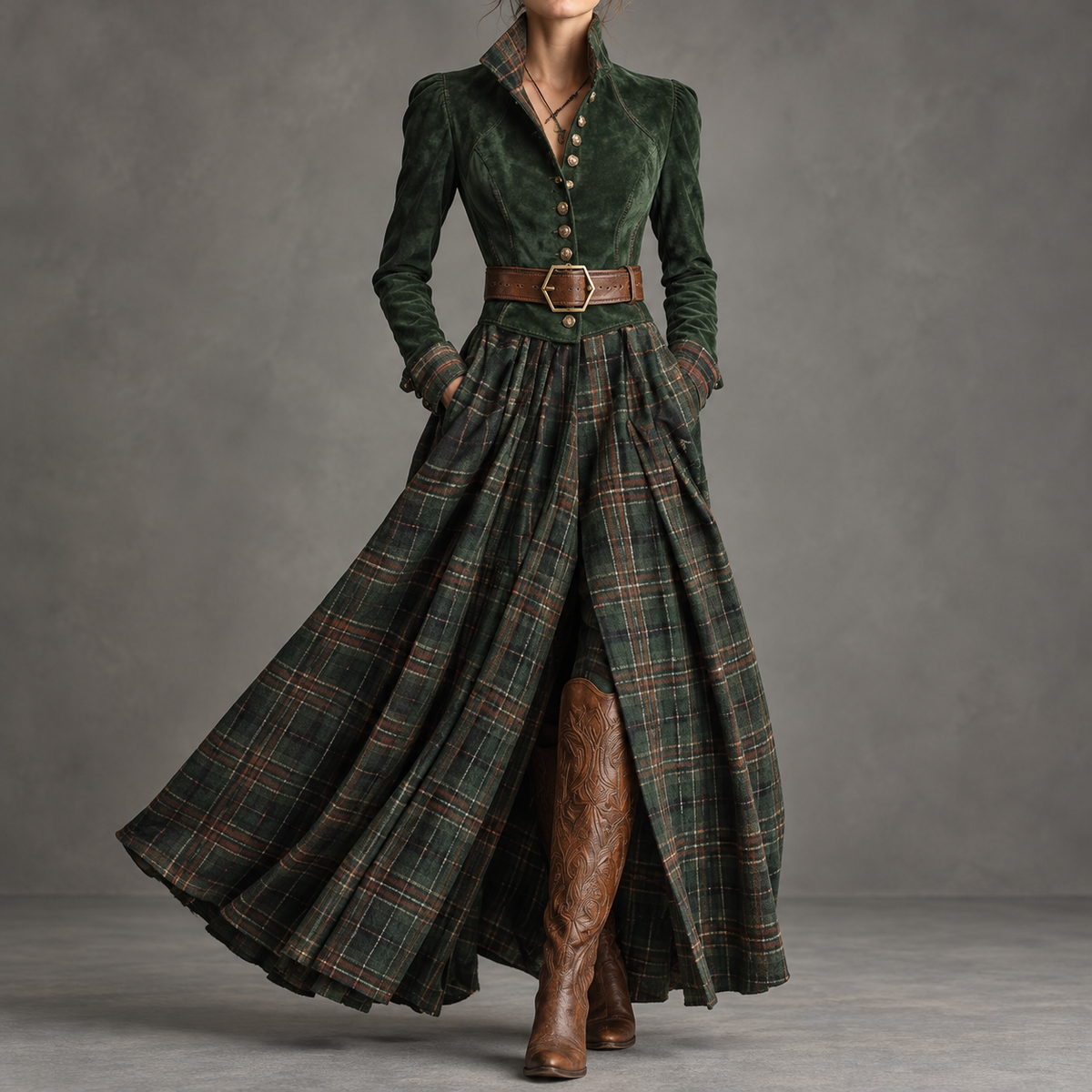 Edurne Tartan verde bosco, abito maxi con corpetto abbottonato, cintura e gonna tartan