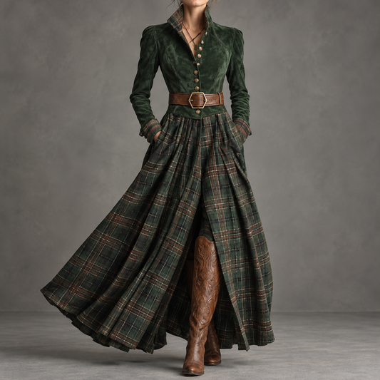 Edurne Tartan verde bosco, abito maxi con corpetto abbottonato, cintura e gonna tartan