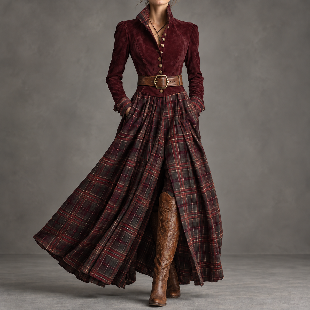 Edurne Tartan bordeaux, abito maxi con corpetto abbottonato, cintura e gonna tartan