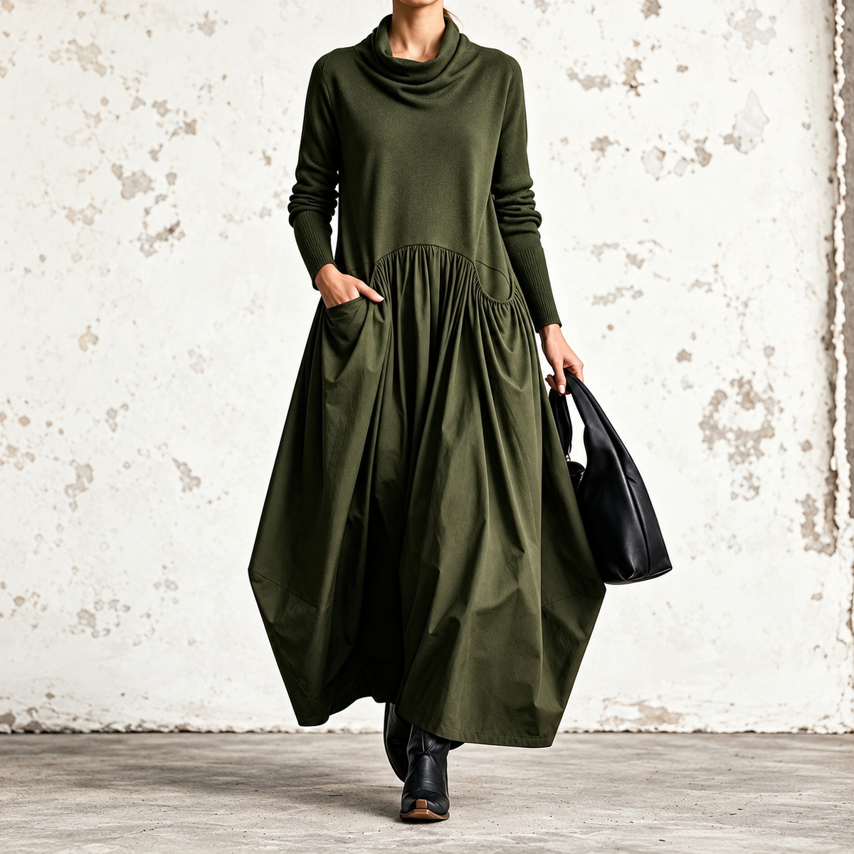 Ilaria Scialle verde bosco, abito maxi con collo drappeggiato e gonna a palloncino