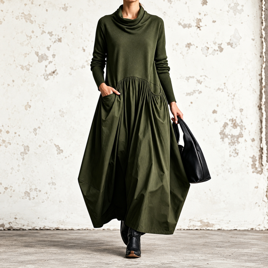 Ilaria Scialle verde bosco, abito maxi con collo drappeggiato e gonna a palloncino