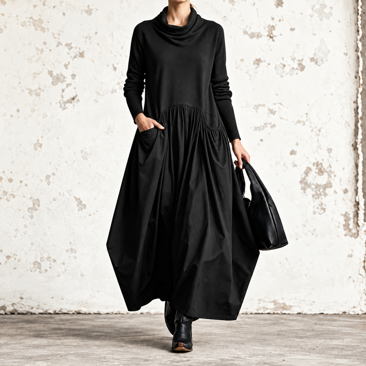 Ilaria Scialle nero, abito maxi con collo drappeggiato e tasche