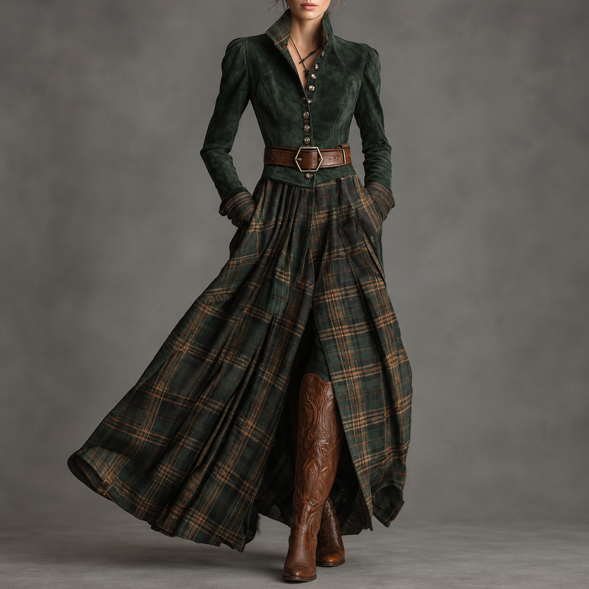 Edurne Tartan Inverno verde bosco, abito lungo con corpino effetto scamosciato, cintura e gonna tartan verde e cammello.