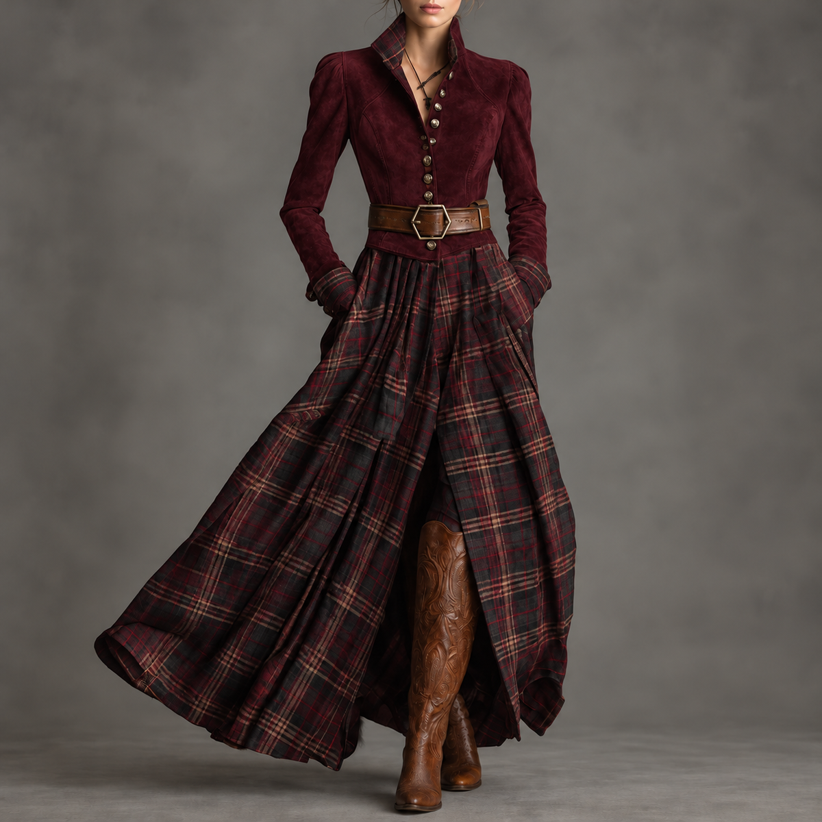 Edurne Tartan Inverno bordeaux, abito lungo con corpino effetto scamosciato, cintura e gonna tartan bordeaux e antracite.