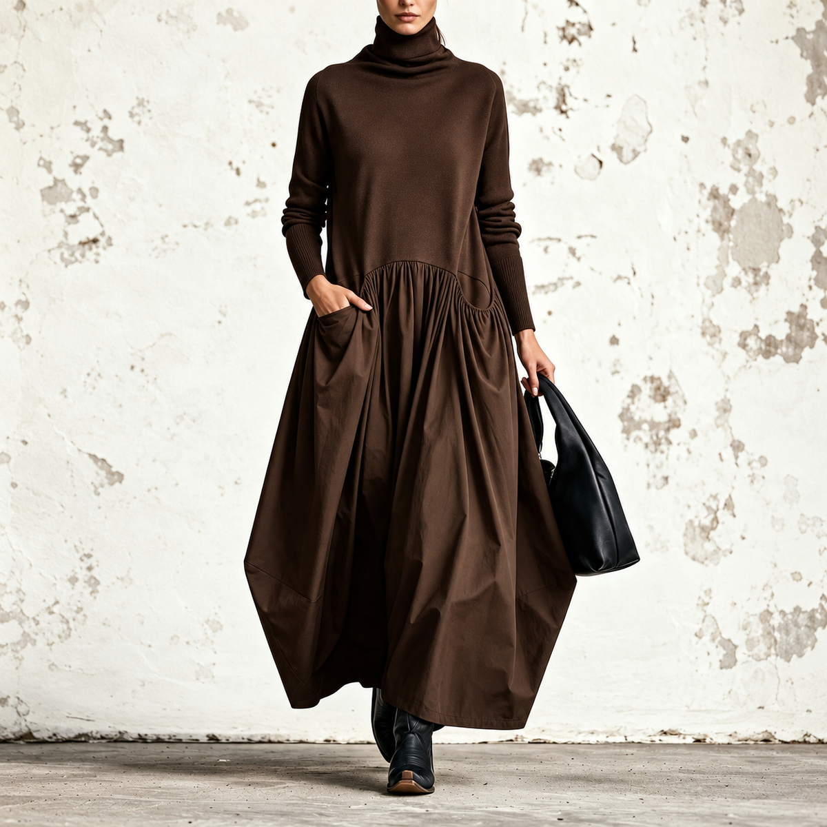 Ilaria Autunno cioccolato, abito maxi oversize con collo alto, tasche e gonna arricciata.