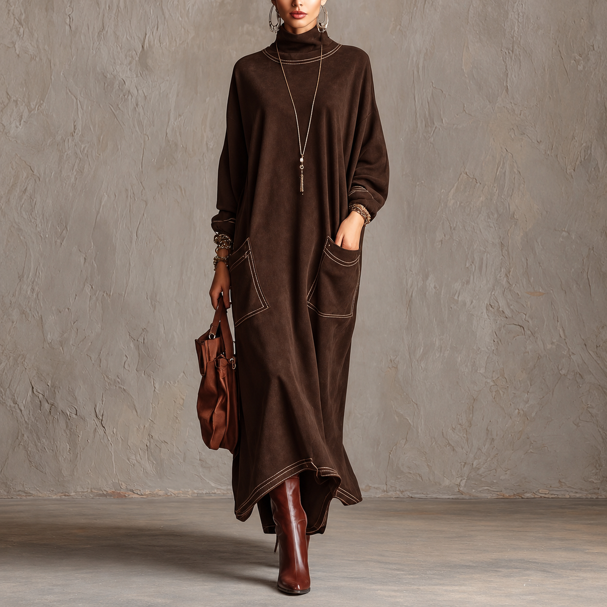Rossana Autunno cioccolato: abito maxi oversize a collo alto con due grandi tasche e doppie cuciture color crema.