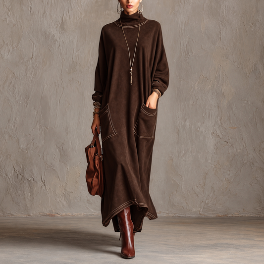 Rossana Autunno cioccolato: abito maxi oversize a collo alto con due grandi tasche e doppie cuciture color crema.