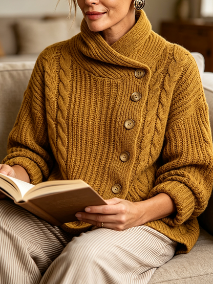 Tullia | Cardigan in Maglia a Trecce con Chiusura Asimmetrica, Senape