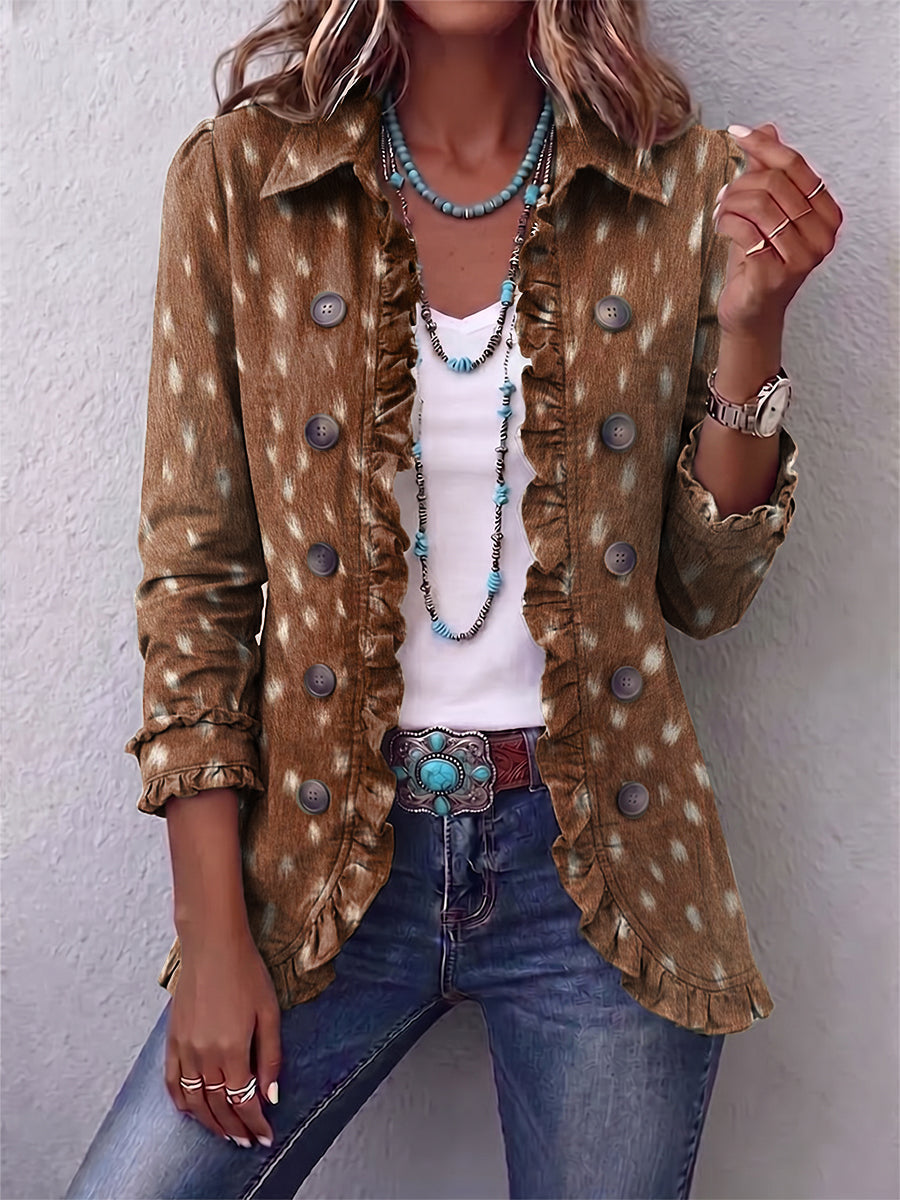 Elena | Giacca Bohème Stampa Animalier Marrone con Volant