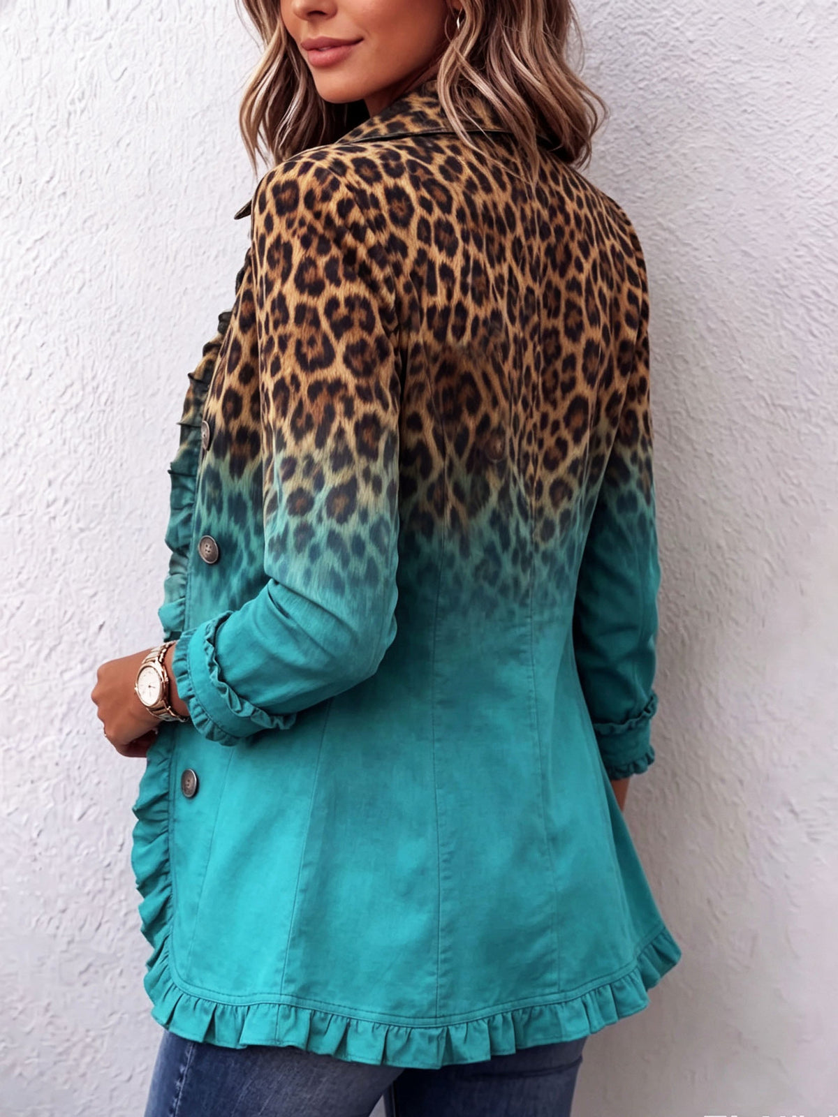 Beatrice | Blazer Leopardo Sfumato Turchese con Volant