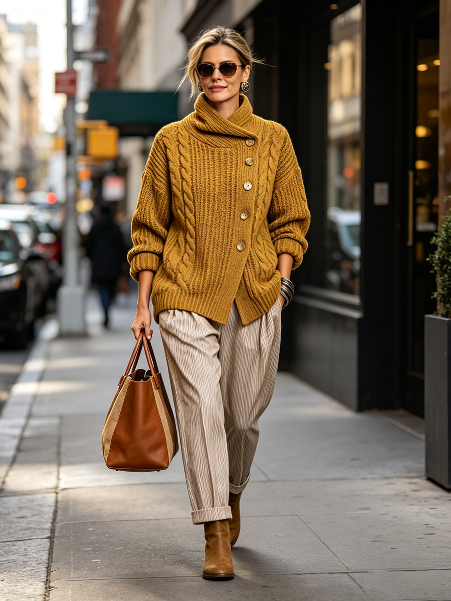 Tullia | Cardigan in Maglia a Trecce con Chiusura Asimmetrica, Senape