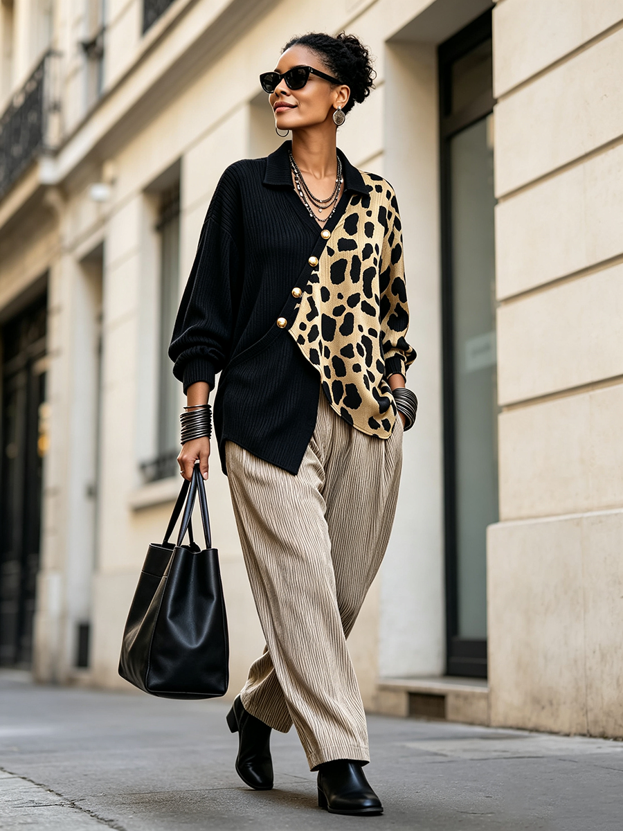 Nerina | Maglia a Coste Color-Block Leopardata con Abbottonatura Diagonale, Nero