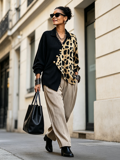 Nerina | Maglia a Coste Color-Block Leopardata con Abbottonatura Diagonale, Nero