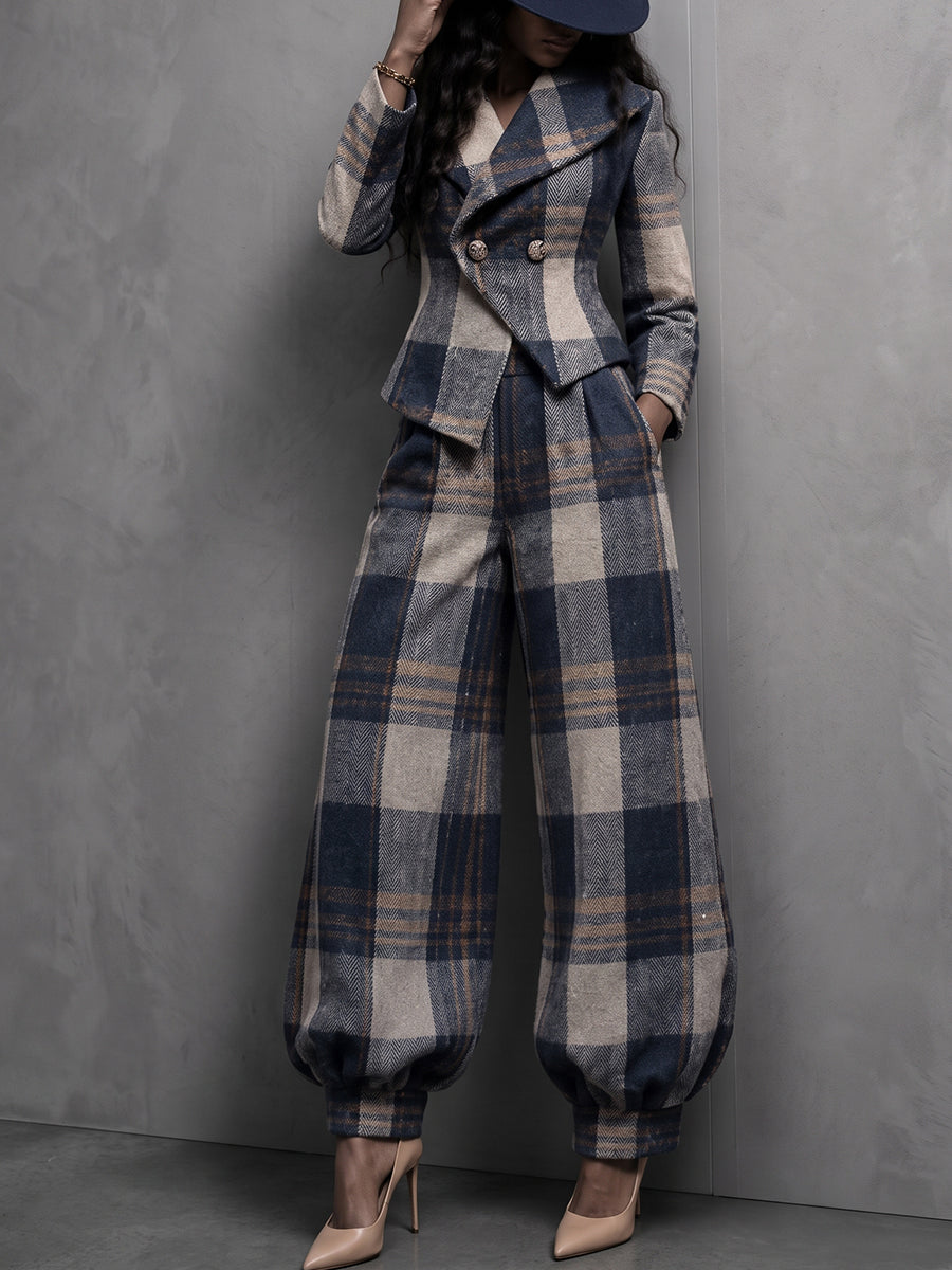 Severina | Blazer Sartoriale a Quadri con Doppiopetto Asimmetrico