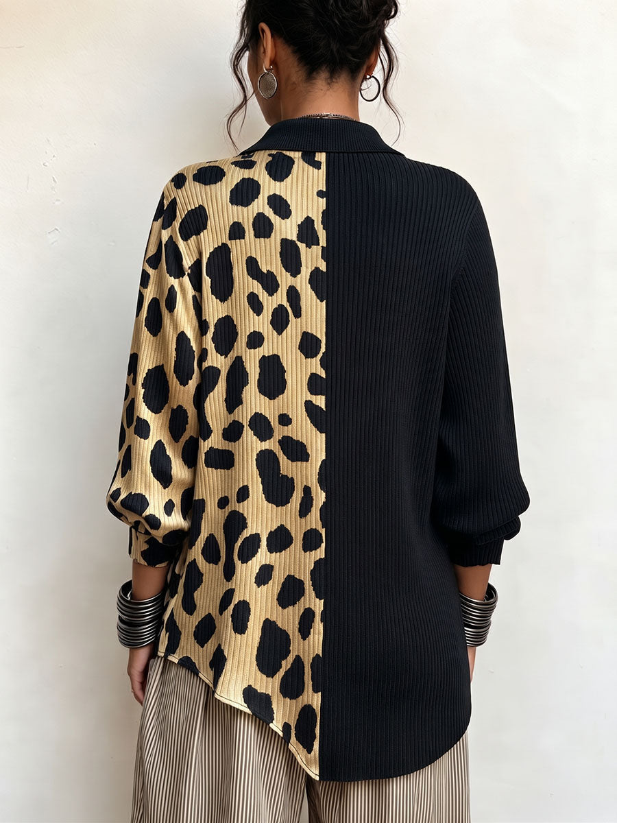 Nerina | Maglia a Coste Color-Block Leopardata con Abbottonatura Diagonale, Nero