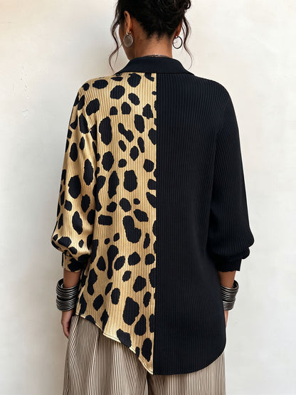 Nerina | Maglia a Coste Color-Block Leopardata con Abbottonatura Diagonale, Nero