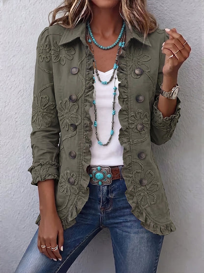 Alessandra | Giacca Bohème-Chic Ricamata a Fiori Verde Retrò con Rifiniture Arricciate