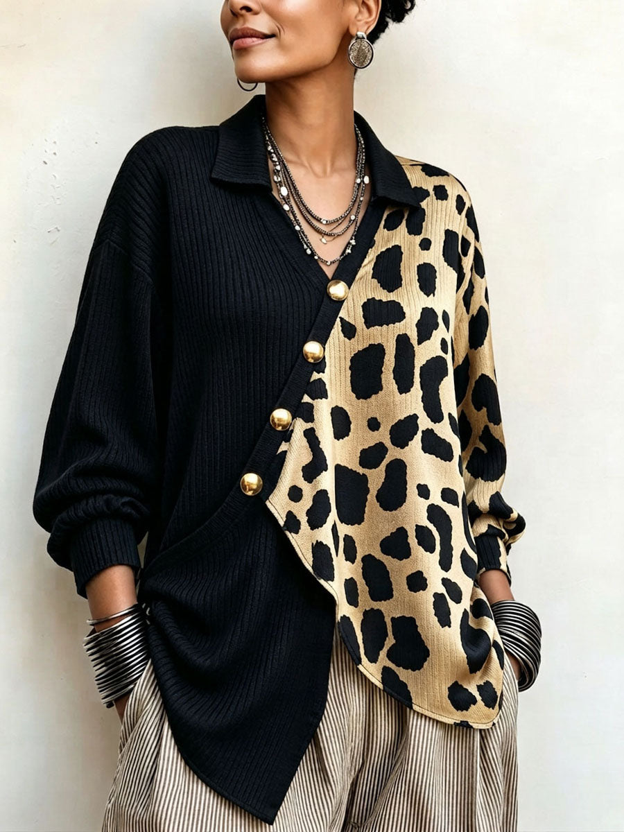 Nerina | Maglia a Coste Color-Block Leopardata con Abbottonatura Diagonale, Nero