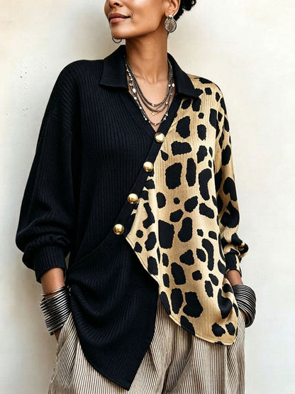 Nerina | Maglia a Coste Color-Block Leopardata con Abbottonatura Diagonale, Nero