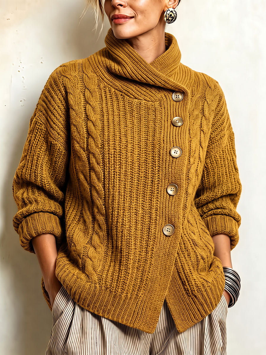 Tullia | Cardigan in Maglia a Trecce con Chiusura Asimmetrica, Senape