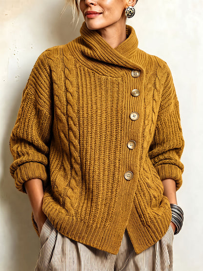 Tullia | Cardigan in Maglia a Trecce con Chiusura Asimmetrica, Senape