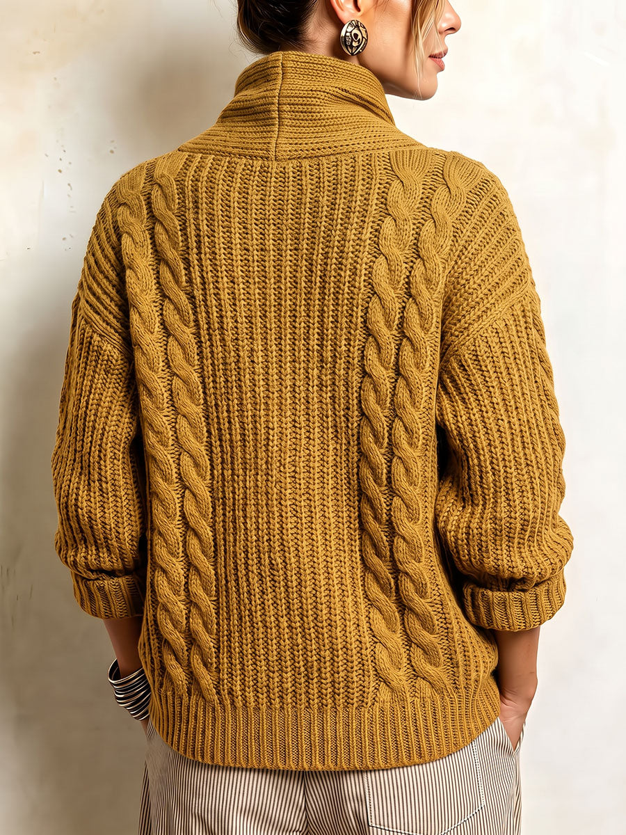 Tullia | Cardigan in Maglia a Trecce con Chiusura Asimmetrica, Senape