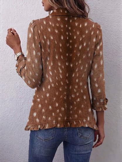 Elena | Giacca Bohème Stampa Animalier Marrone con Volant