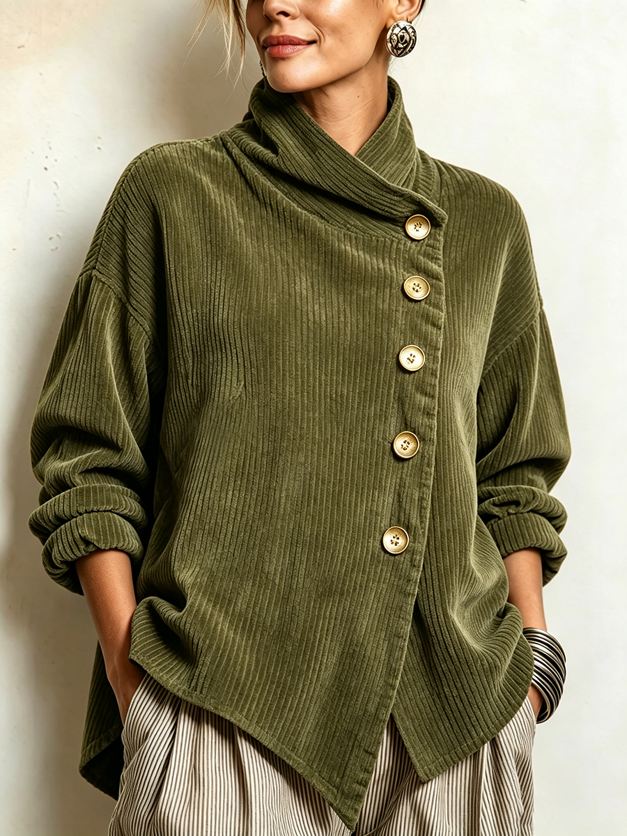 Lucilla | Top in Velluto a Coste con Abbottonatura Diagonale, Verde Oliva