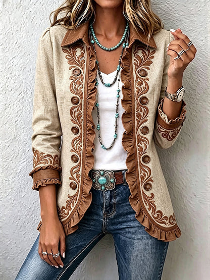 Ottavia | Giacca Bohème a Fiori Vintage Cammello e Marrone con Volant