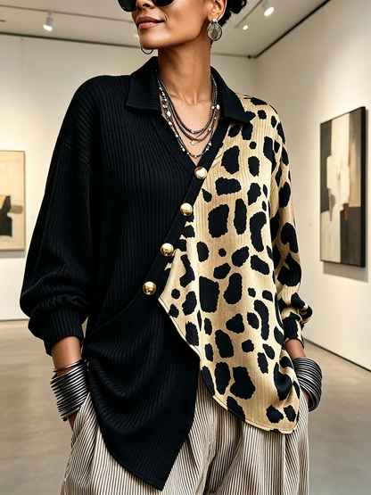 Nerina | Maglia a Coste Color-Block Leopardata con Abbottonatura Diagonale, Nero
