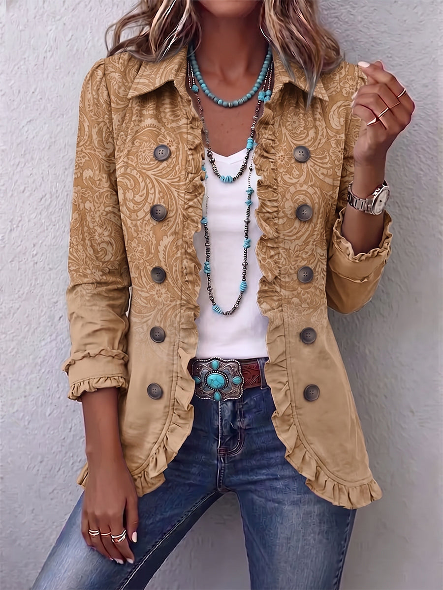 Chiara | Giacca Western Stampata Kaki con Volant