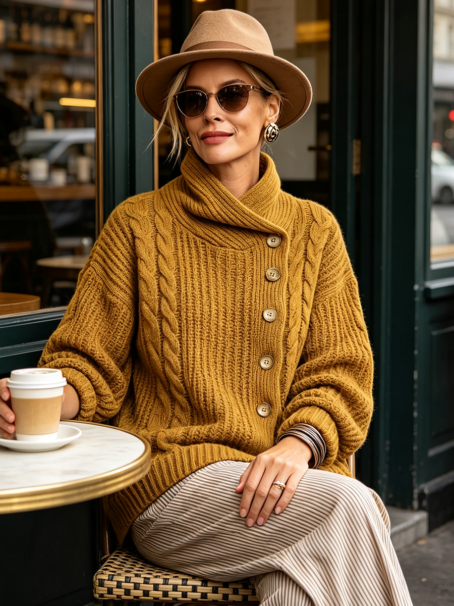 Tullia | Cardigan in Maglia a Trecce con Chiusura Asimmetrica, Senape