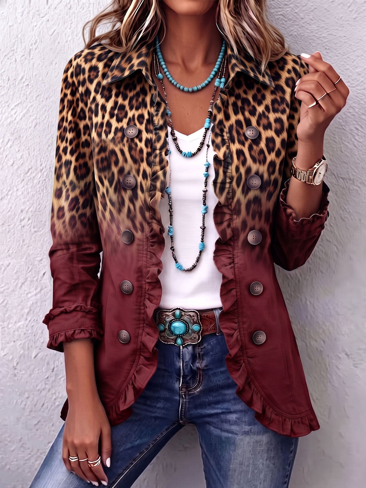 Olivia | Blazer Leopardo Sfumato Bordeaux con Volant