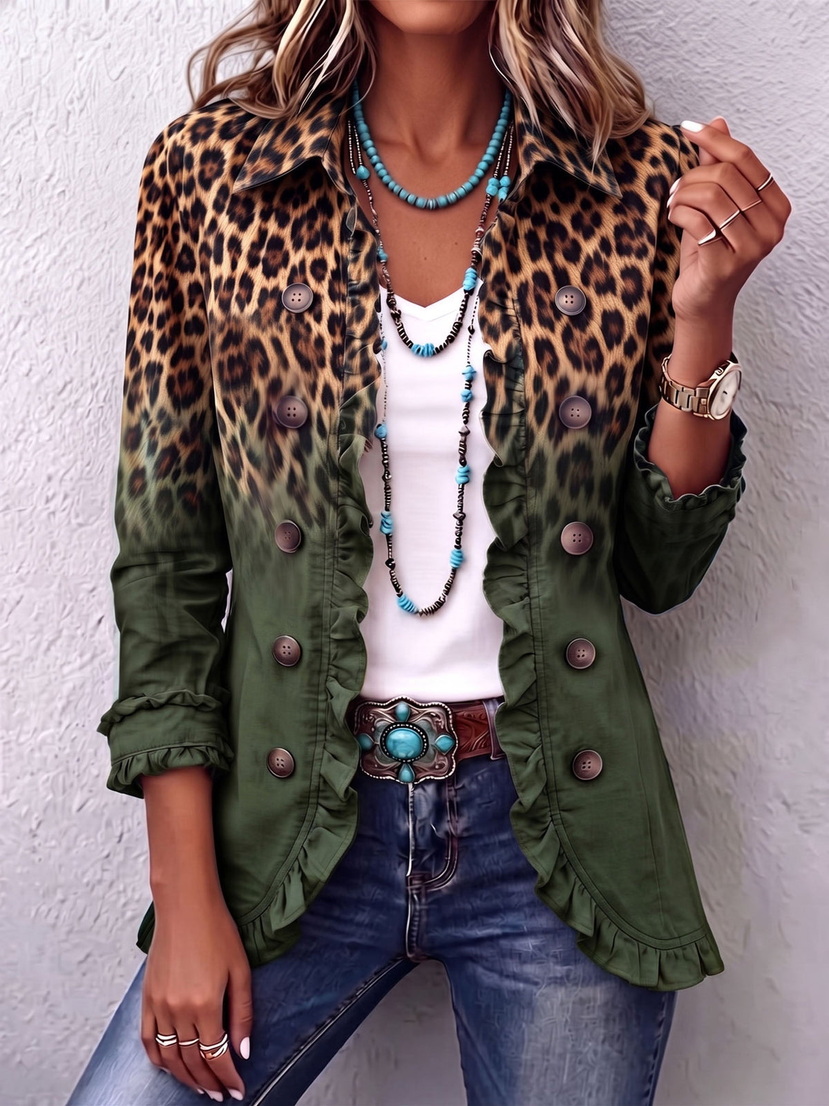 Beatrice | Blazer Leopardo Sfumato Turchese con Volant