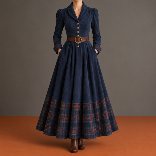 Ottilia | Abito Maxi con Collo Sciallato e Bordo a Quadri — sfondo grigio e terracotta